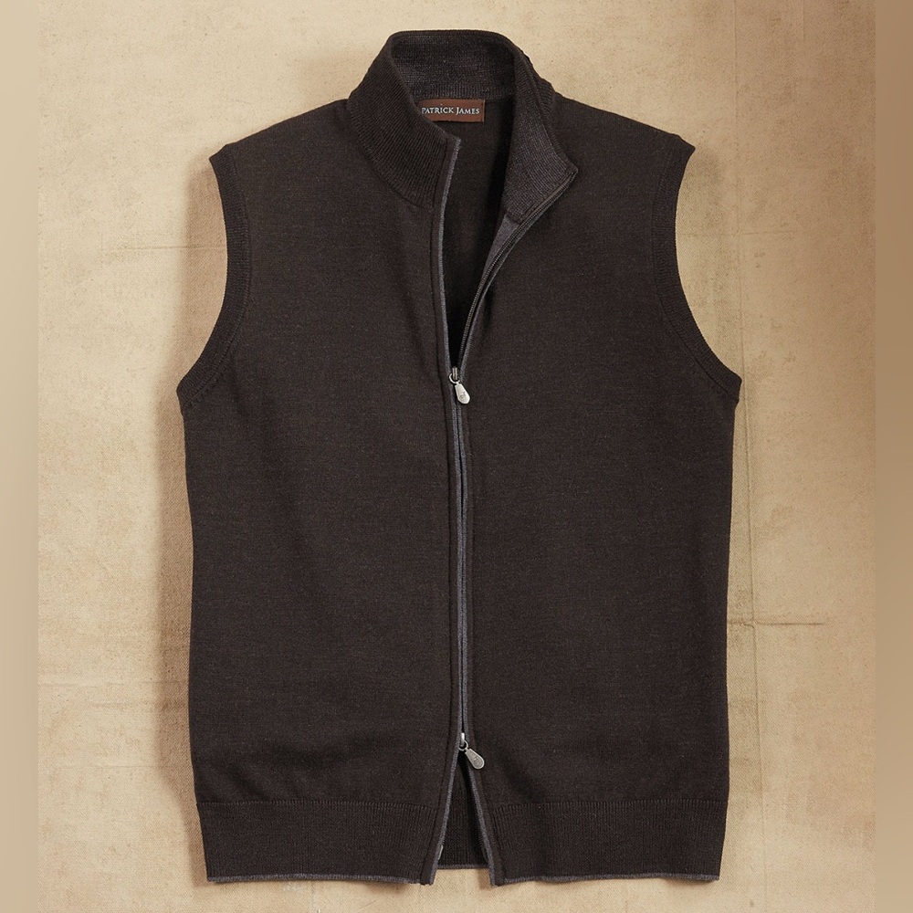 NWT PATRICK JAMES FULL ZIP MERINO SWEATER VEST SIZE M  col. Espresso